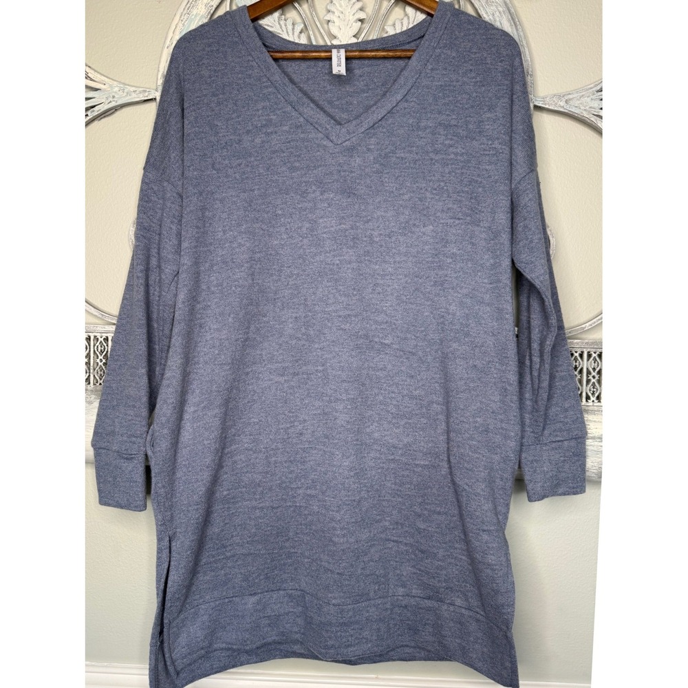 Zenana Outfitters Womens Blue Heathered V-Neck Long‎ Pockets Sleeve Tunic Top  M
